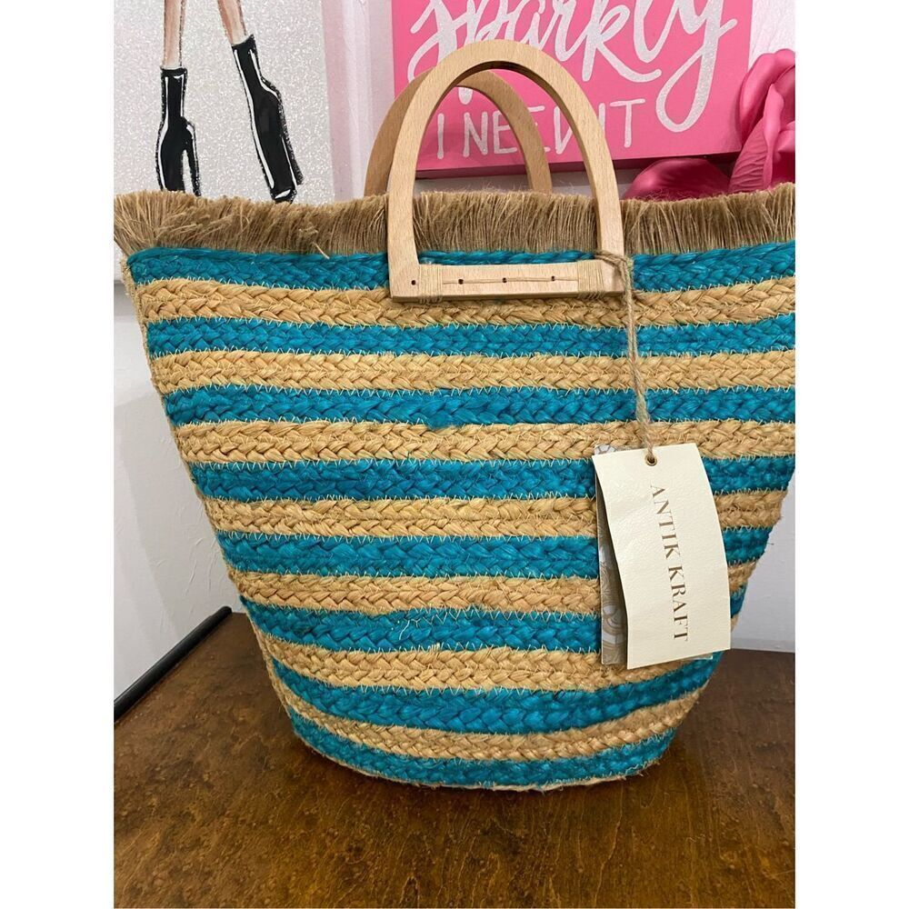 Antik Kraft Stripe Turquoise Jute Beach Tote